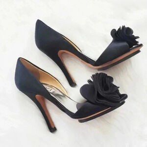 Badgley Mischka Black Satin Peep Toe Heels with Floral Accent